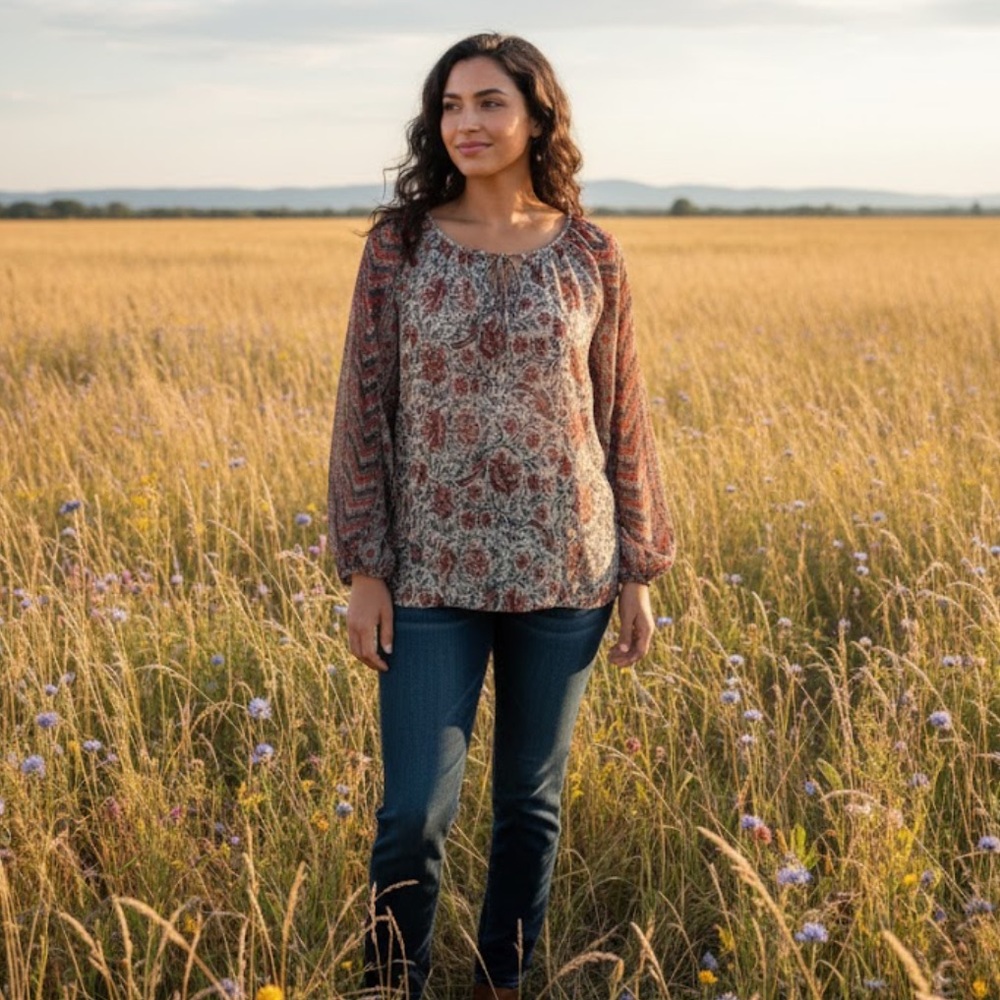Lucky Brand Floral Patterned Women's Flowy Boho & Peasant Blouse